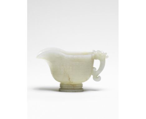 A PALE GREEN JADE POURING VESSEL, YIMing DynastyThe oval body decorated with a central  band of circular swirl-pattern and a 