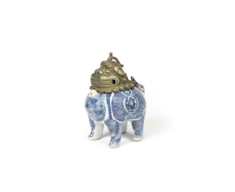 A RARE BLUE AND WHITE KO-SOMETSUKE 'LUDUAN' INCENSE BURNEREarly 17th centuryRobustly potted, the mythical beast standing four