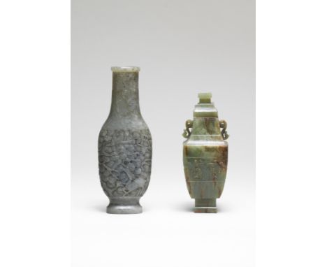 A GREYISH-GREEN JADE INCENSE TOOL-VASE AND AN ARCHAISTIC GREEN AND RUSSET JADE SQUARE VASE AND COVERThe tool-vase Qianlong, a