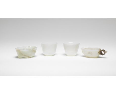 FOUR WHITE JADE VESSELSComprising a pair of wine cups, each deftly hollowed with eggshell thin walls rising from a slightly t