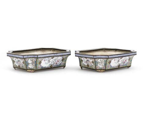 A PAIR OF PAINTED ENAMEL JARDINIÈRES18th centuryEach of canted rectangular form, finely painted with panels depicting a varie