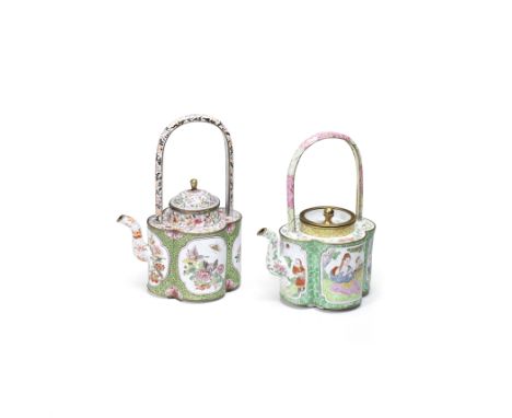 Two painted enamel green-ground teapots and covers18th centuryEach teapot and cover of four-lobed oval section, with upright 