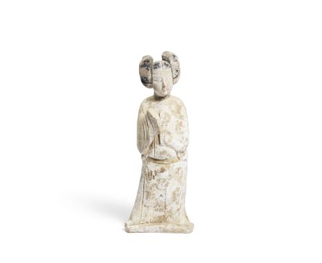 A painted pottery figure of a court ladyTang DynastyStanding in a languid pose, with full rounded face and delicate features,