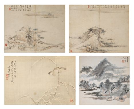 CHINESE SCHOOLQing DynastyInk and pigment on paper, four paintings, one painting depicting a sparrow perched on a snowy reed,