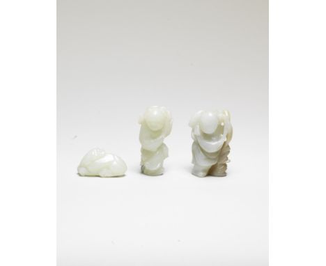TWO VERY PALE GREEN JADE FIGURES OF BOYSMing DynastyBoth boys finely carved each carrying a sprig of lingzhi over their shoul