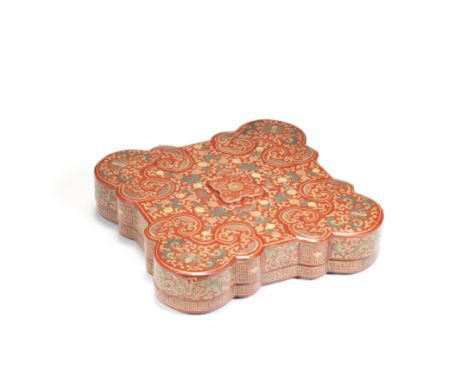 A POLYCHROME LACQUER SWEETMEAT BOX AND COVERMid Qing DynastyOf square form with ruyi-shaped corners standing on four canted f