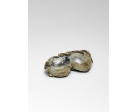 A PALE GREEN, BLACK AND RUSSET JADE 'DOUBLE PEACH AND BAT' GROUP17th/18th centurySmoothly carved as two ripe peaches on a gna