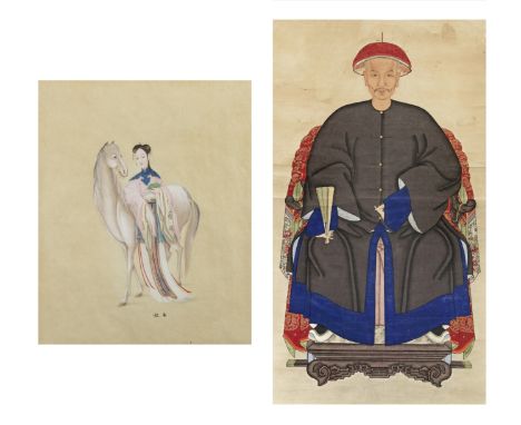 CHINESE SCHOOLLate Qing DynastyComprising a painting of a lady and horse, in ink and light colours on paper, inscribed undern