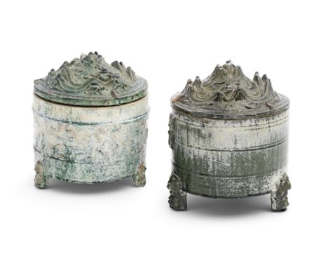TWO GREEN-GLAZED POTTERY TRIPOD INCENSE BURNERS AND COVERS, LIANWestern Han Dynasty Each raised on three kneeling bear suppor