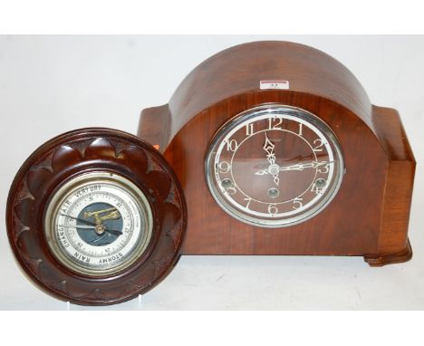 An Enfield walnut cased mantel clock with striking and chiming movement, together with wall barometer (2)