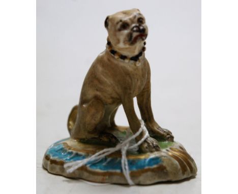 A late 18th century Derby porcelain model of a French bulldog in seated pose, on gilt heightened base, impressed 3 verso, h.5