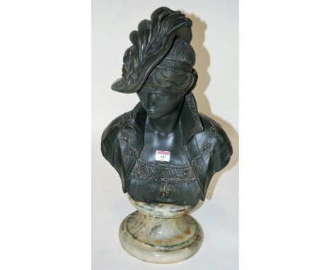 A painted plaster head and shoulders portrait bust of a lady in the Art Nouveau style, raised on faux marble socle base, h.58