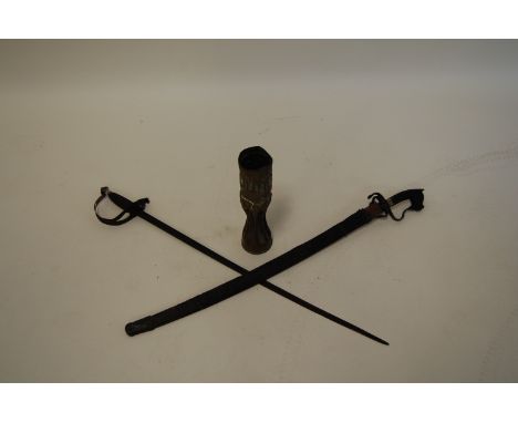 A late 19th century Continental sword, having single edged fullered blade, pierced D-shaped knuckle bow, and wooden handle; t