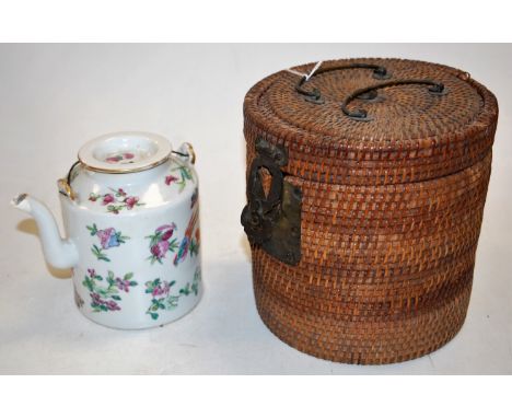 A Chinese glazed stoneware teapot in wicker case