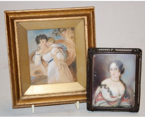 Continental school, 19th century - three-quarter length portrait of a lady, watercolour on ivory, 8 x 6.5cm; together with a 