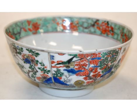 A 19th century Chinese Famille Verte footed bowl, enamel decorated, dia. 19cm   Condition Report / Extra Information  Restora