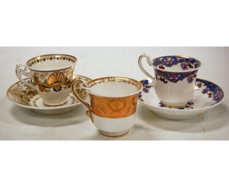 Three early 19th century Spode porcelain tea cups together with two saucers, each heightened in gilt (one saucer a/f)   Condi