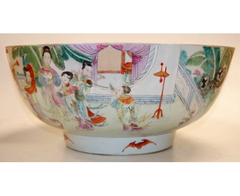 A 19th century Chinese Famille Verte footed punch bowl, enamel decorated with ceremonial figure scenes, dia. 39cm   Condition