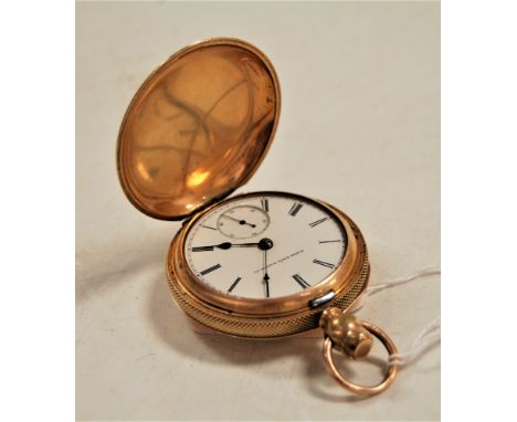 A gilt metal cased hunter pocket watch by Elgin, with white enamel dial, black Roman numerals, hands and subsidiary seconds