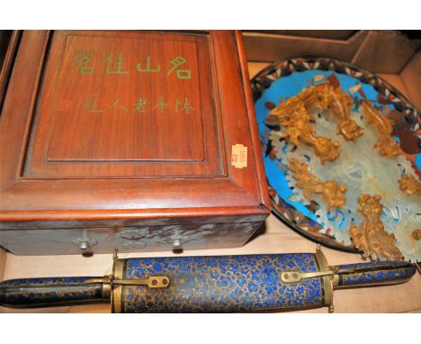 A Japanese cloisonne plate, a faux jade carving, Chinese hardwood fitted box etc