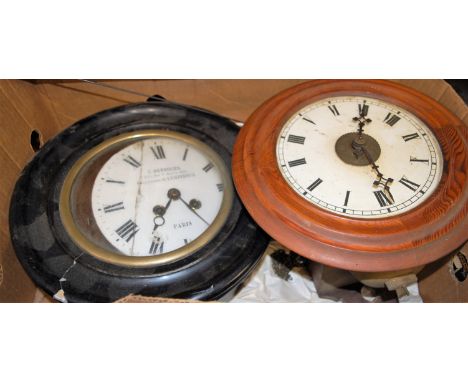 A Victorian style pine cased postman's alarm clock together with a French ebonised cased wall clock  (a/f)