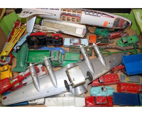 A box of miscellaneous loose and playworn diecast and tinplate toy vehicles to include Corgi, ERF model 44 flatbed truck, Din