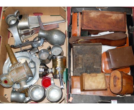 Two boxes of miscellaneous items to include Ross of London binoculars in fitted leather case, jewellery boxes, pewter tankard