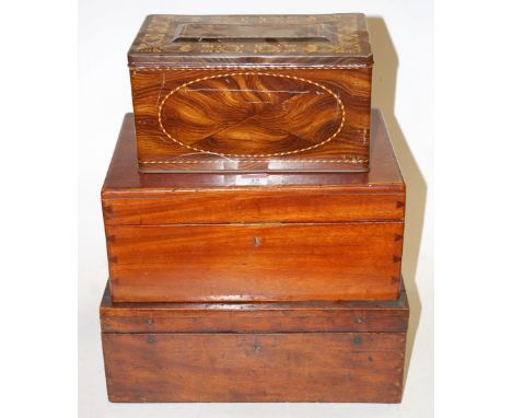 A lithograph printed tin as a desk stand, together with two 19th century wooden boxes (3)