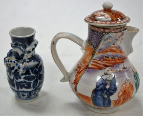 A 19th century Chinese Famille Rose small jug and  cover, enamel decorated together with a blue & white vase (2)   Condition 