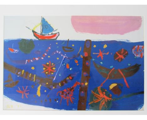 A framed and glazed Roger Hilton print, sailing vessel.  Monogram and dated '73 in the print. 39cm x 58cm