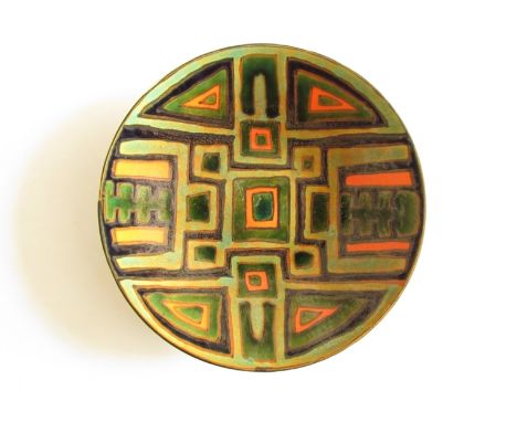 A Poole studio dish, green ground with abstract design in green, orange and black. Blue back stamp. 27cm diameter