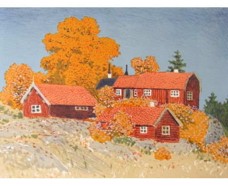 OSCAR BERGMAN: Framed and glazed print of Swedish cottages in rural scene signed in pencil, numbered 225/350, 48cm high x 59c