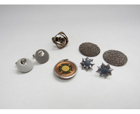 A collection of vintage jewellery including a pair of 1960's large silver clip earrings with graduated surface, various stamp