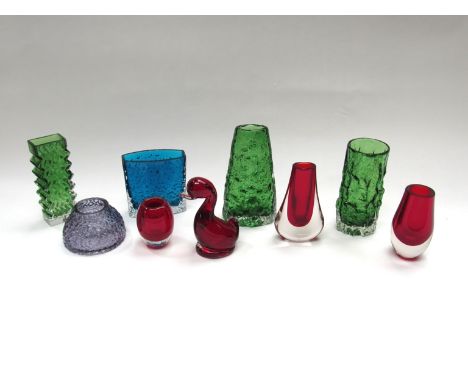 A collection of Whitefriars glass including Geoffrey Baxter designs in meadow green, Kingfisher and Ruby all a/f (9)