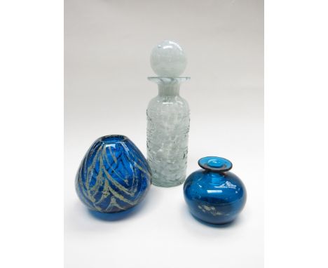 A Mdina glass large decanter in blue mottled white and two similar glass vases. Tallest 25cm