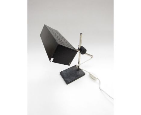 An adjustable black metal desk lamp of rectangular form 