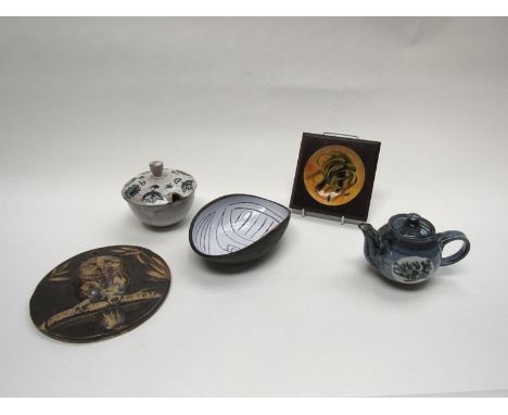 A small Biglin Pottery teapot, a similar styled lidded pot, studio pottery oval dish, New Zealand ashtray and a wall plaque w