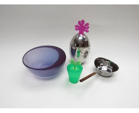 A vintage Christy perspex fruit bowl, Allessi tea caddy and spice pot together with a small Scandinavian saucepan (4)