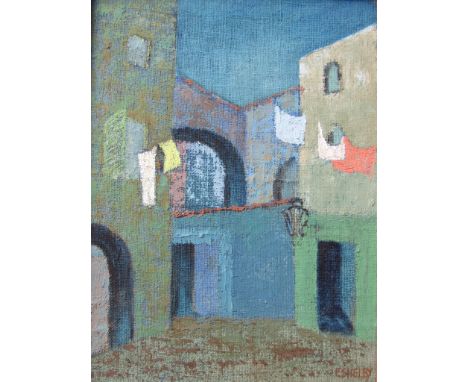 SIDNEY R ESHELBY Exhibited CAS 1968-1981 A signed 1960's oil on Hessian, framed, with label verso, a country scene. Represent
