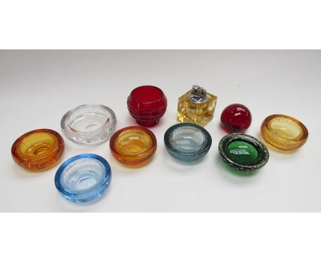 A collection of Whitefriars dishes including bubble inclusion and rib trail examples, a similar paperweight and table lighter