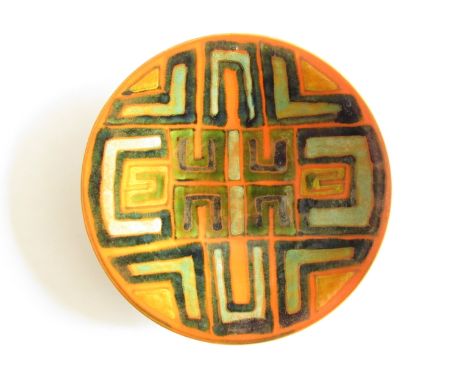 A Poole Studio dish, orange ground with abstract design in green and black. Blue back stamp. 28cm diameter