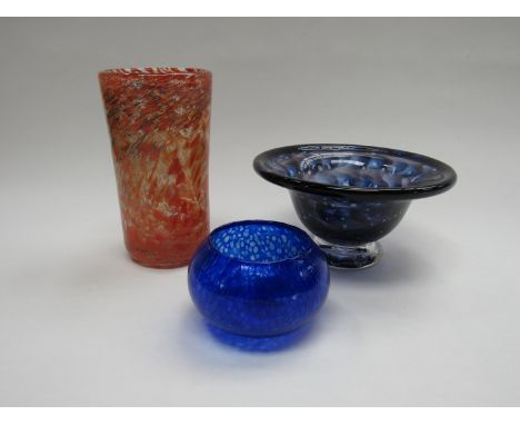 A Reijmyre Glass dish in mottled blue and amethyst, smaller blue bowl and orange vase, tallest 16cm (3) 