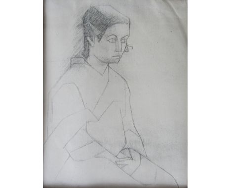 GERMAN SCHOOL (early 20th Century): Modernist portrait of a woman seated, pencil on paper, 17.5cm x 135cm