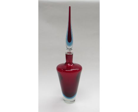 A Murano cased glass bottled and stopper in ruby and blue (flake chip to base, stopper a/f) 46cm high