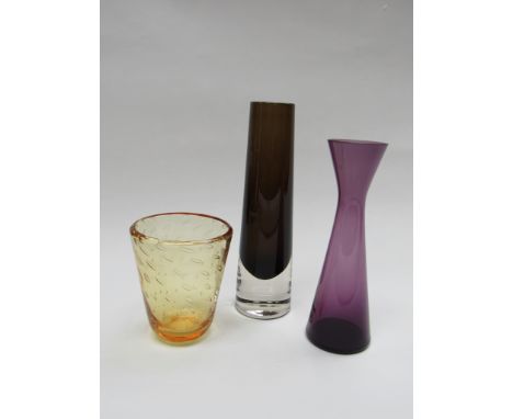 A Whitefriars Glass brown cased glass vase by Geoffrey Baxter, an amber small glass vase with bubble inclusions and an amethy