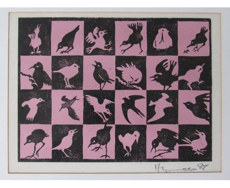 A woodblock print depicting 24 birds indistinctly signed lower right 26x 34cm approximately 