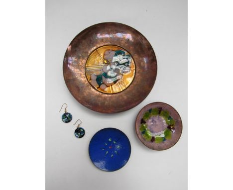 Three vintage enamel on copper bowls a pair of similar earrings (4)