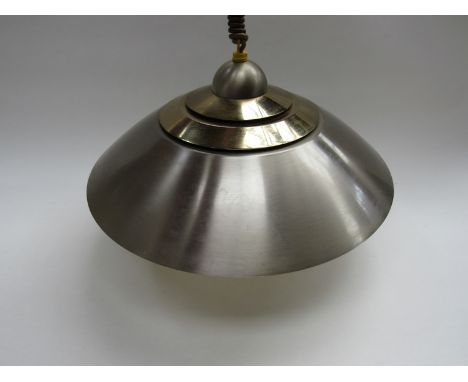 A Danish brushed steel and brassed ceiling light with rise and fall action 
