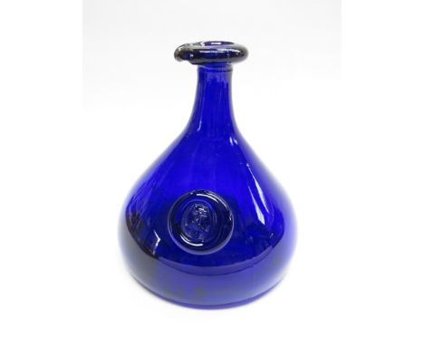 A Holmegaard Ole Winther 1960 blue decanter with Torben Anton Viking head seal, 22.5cm high x 19.5cm base diameter 