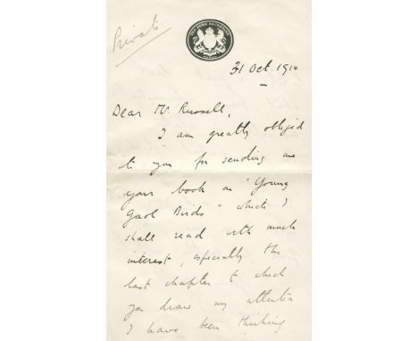 CHURCHILL (WINSTON)Letter signed ('Winston S. Churchill') as Home Secretary to ('Dear Mr. Russell'), thanking him for '...sen